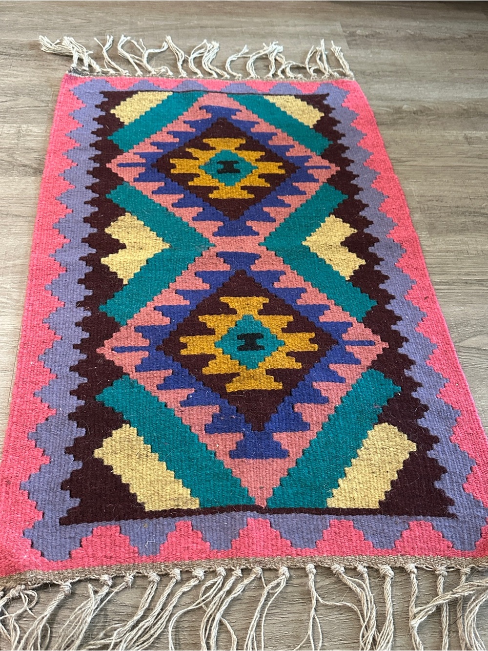 Handwoven Persian Rug 39”x24” Boho Geometric Accent Rug in Pink, Teal, Yellow